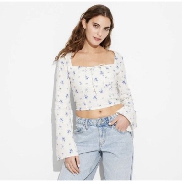 Wild Fable Women's Long Sleeve Cotton Milkmaid Top Cream & Blue Floral Size S - Picture 1 of 7